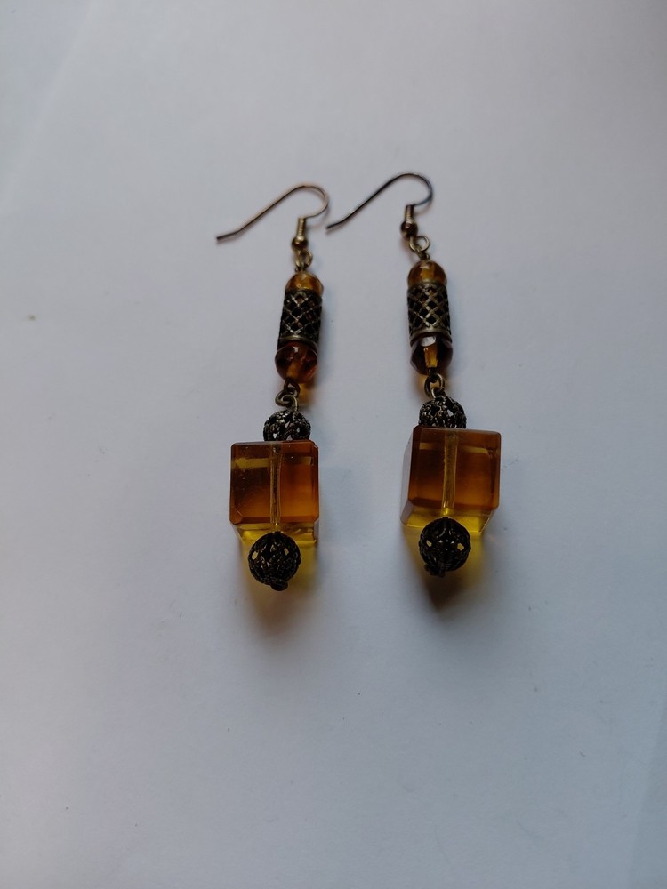 Estate Art Deco Ornate Brass Filigree and Amber Glass Drop Dangle Earrings