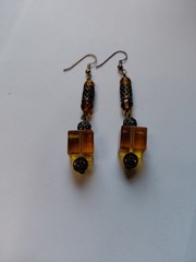 Estate Art Deco Ornate Brass Filigree and Amber Glass Drop Dangle Earrings