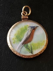 Victorian Era Double Sided Bird Feather on MOP Scene Pendant Gold Filled Frame