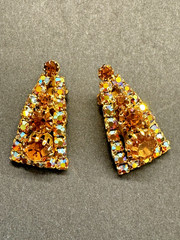 Vintage 1960s Amber & Topaz Rhinestone Bow Brooch and Clip-On Earrings Set