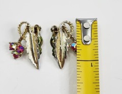 Vintage Judy Lee Signed Gold Tone Rhinestone Bracelet And Clip On Earrings Leaf
