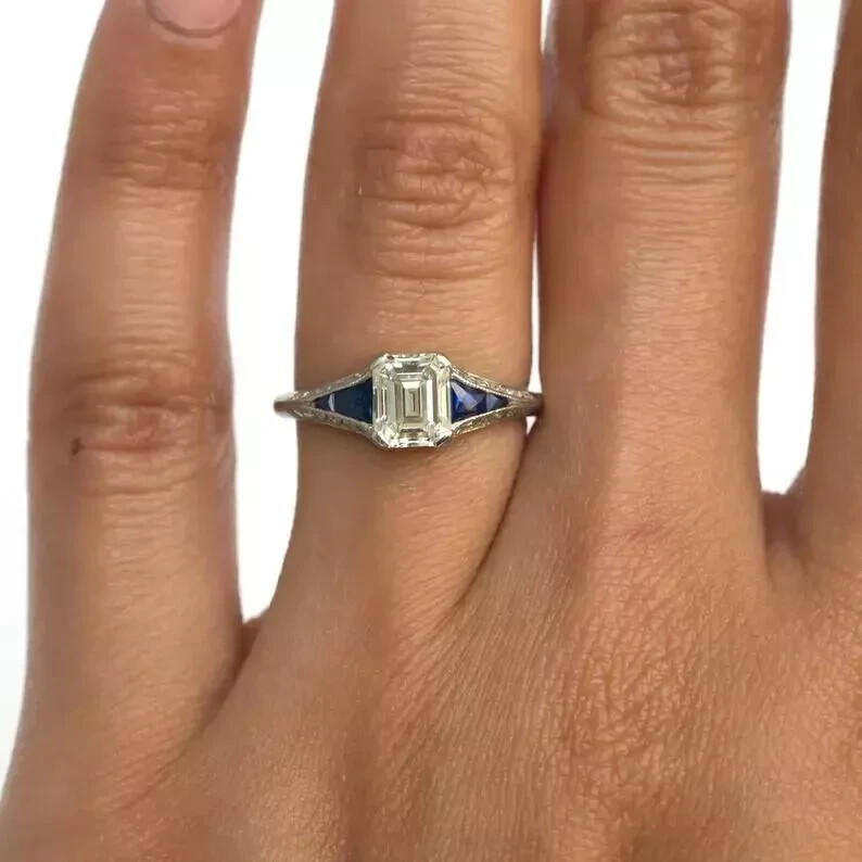 Art Deco Style Lab Created Diamond & Sapphire 14K White Gold FN Engagement Ring