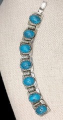 Vintage Silver Tone Etched Panel Bracelet Chunky Blue Faux Stone Statement 6.75”