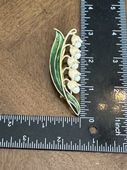 Vintage Richelieu Green Enamel Faux Pearl Lily of the Valley Flower Brooch New!