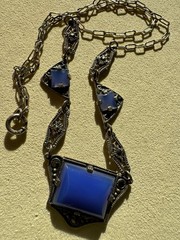 1920s Art deco sterling marcasite imitation blue necklace 15 in