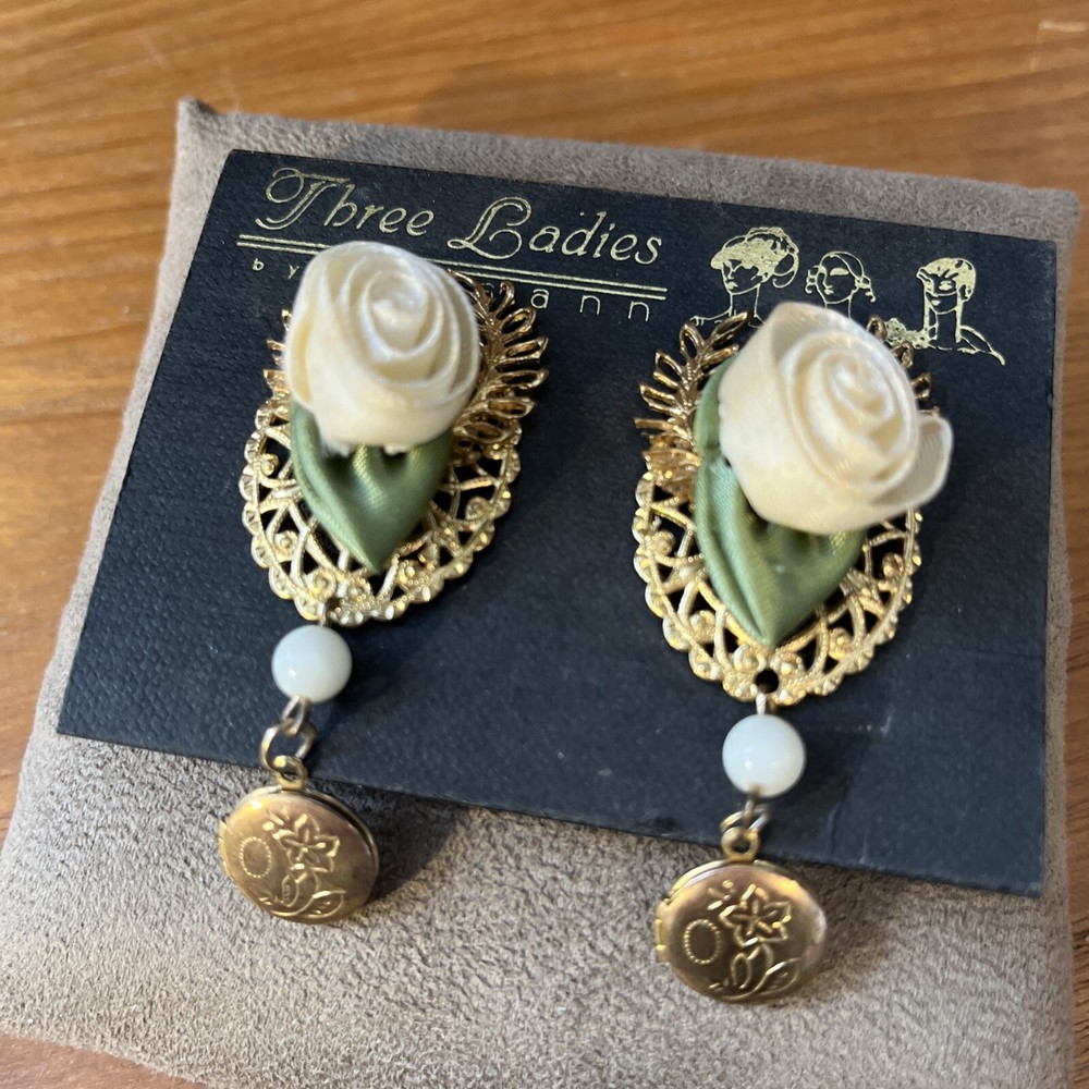 Vintage Three Ladies Rose clip earrings with dangle lockets