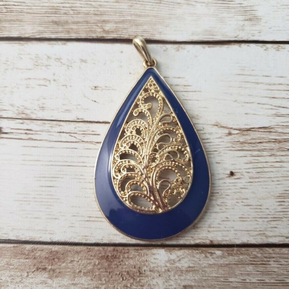 Vintage Pendant – Teardrop Shape Dark Blue & Gold Tone – No Chain Included