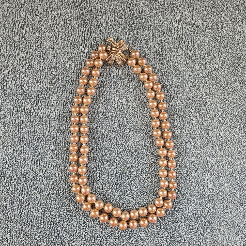 Vintage Marvella Double Strand Hand Knotted Faux Pearl Bow Necklace 15″ Signed