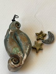 Handmade Green & Gold Polymer Clay Celestial Face & Star & Moon Charms Pendant –