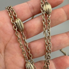 Vintage Flapper Chain Necklace Gold Tone Textured Cable Link Oval Station Bead