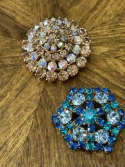 2 Austria Signed Brooches. AB Crystal And Multi Color Blue. Mid Century