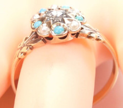 Victorian Art Deco Diamond Engagement Pearl Turquoise 14KY Ring Size 11.75 UK-X