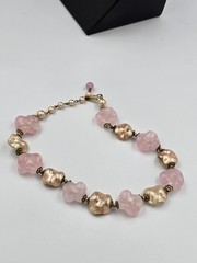 Vintage Pink Frosted Molded Glass & Gold Tone Bead Choker Necklace Hook Clasp