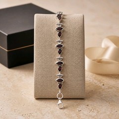 Garnet Bracelet Sterling Silver Link Marquise Teardrop Red Gemstone Wave 925