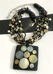 Vintage Multi Strand Necklace w/ Mother of Pearl Inlay Square Pendant