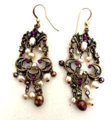 Artisan Victorian-Style Chandelier Earrings 14K GF French Wire Fresh Water Pearl