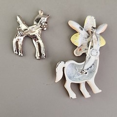 Vintage Enamel Horse Brooch Lot of 2 Brown Donkey With Hat 1 – 1 .75″