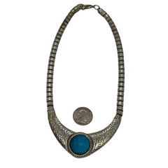 BIB 20” Necklace Silver Metal Bead Turquoise Plastic Stone Fashion Jewelry Gift