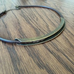 Vintage, Brass & Genuine Leather Collar Necklace, 17”(L) + 2” Extension