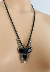 Vintage Estate Jet Black Clear Glass Rhinestone Necklace Elegant Long 24″