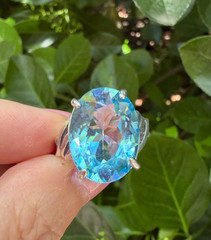 VINTAGE LARGE OVAL CUT BLUE TOPAZ SOLITAIRE RING 925 STERLING SILVER STATEMENT