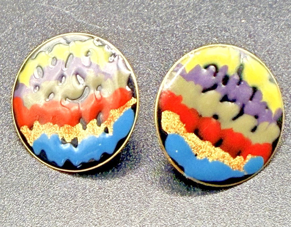 Vintage Cloisonné Enamel Stud Earrings Gold Tone Multicolor Abstract