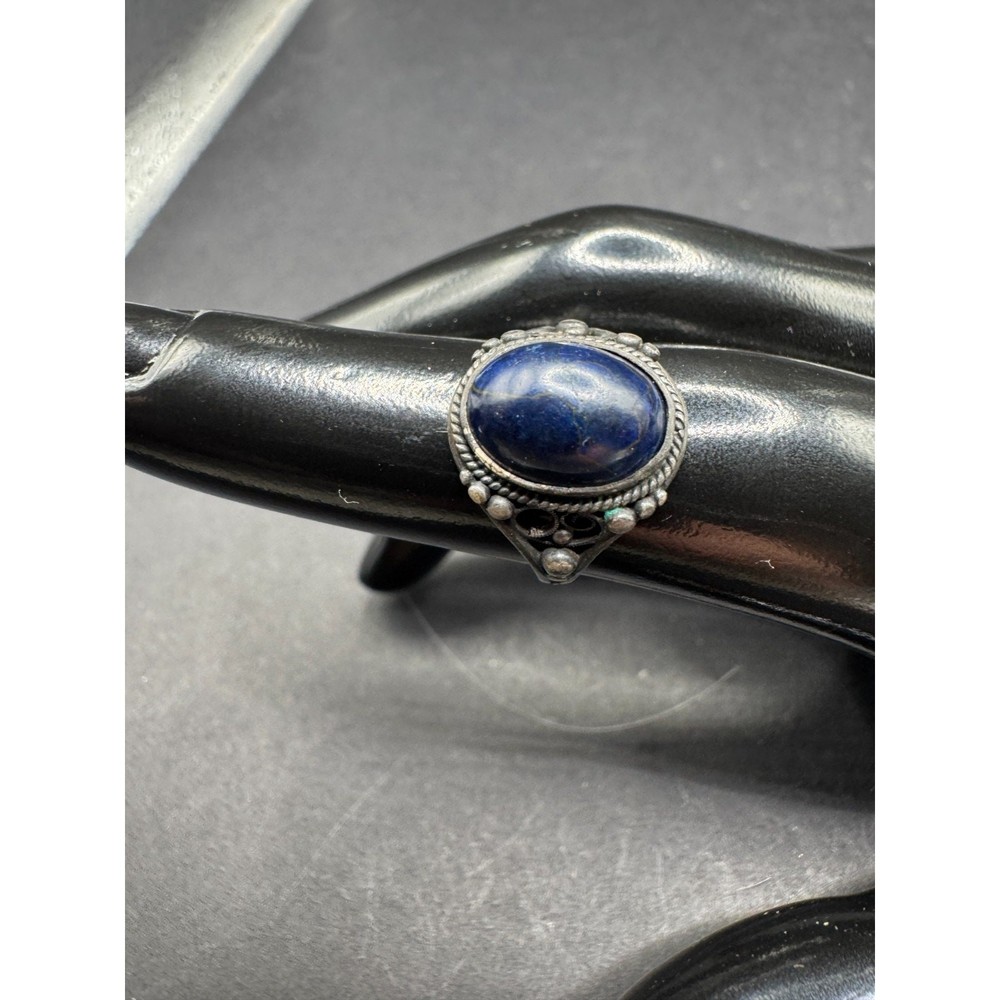Vintage Lapis Lazuli Oval Filigree Silver Tone Women’s Cocktail Band Ring