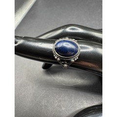 Vintage Lapis Lazuli Oval Filigree Silver Tone Women’s Cocktail Band Ring