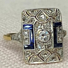 Vintage Art Deco Round Cut Lab Created Diamond &Sapphire Wedding 925 Silver Ring