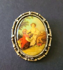 Vintage Porcelain Gold Tone Convex Framed Courting Couple Oval Pin Brooch 2 Inch
