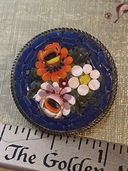 Antique VTG Italian Micro Mosaic Brooch Pin Round Shape &Floral Design Set Glass