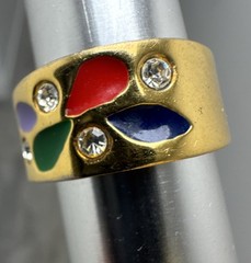 Vintage Gold Plated Teardrop-Shaped Inlays Multicolored Enamel Rhinestone Ring