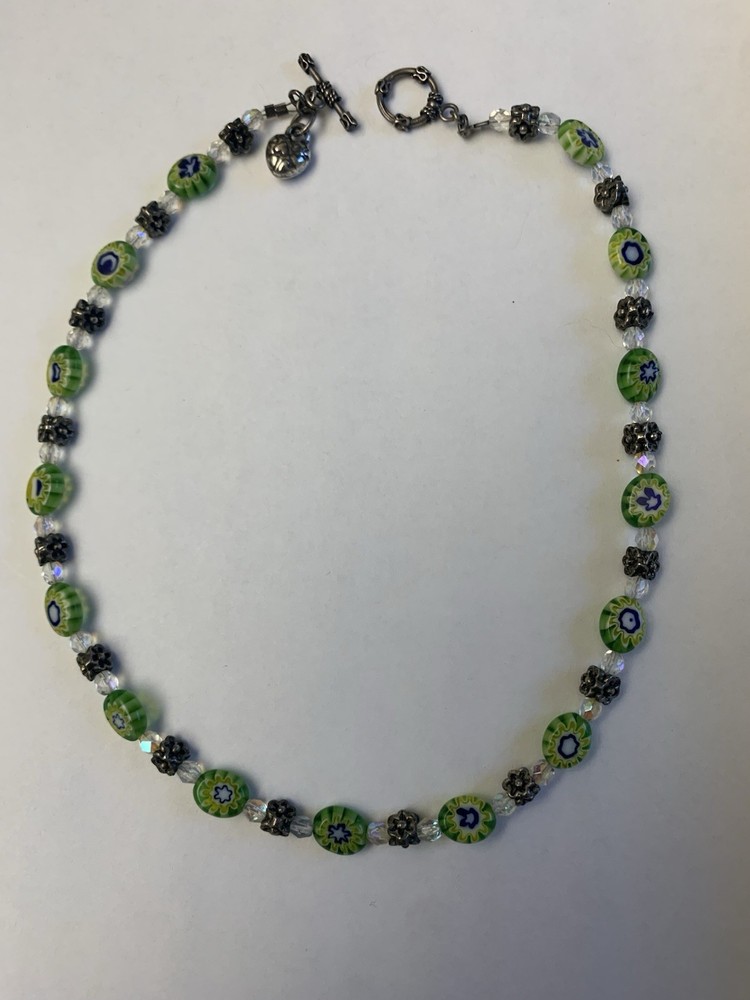 Vintage 1950s Murano millefiori green and blue glass beaded choker necklace 16”