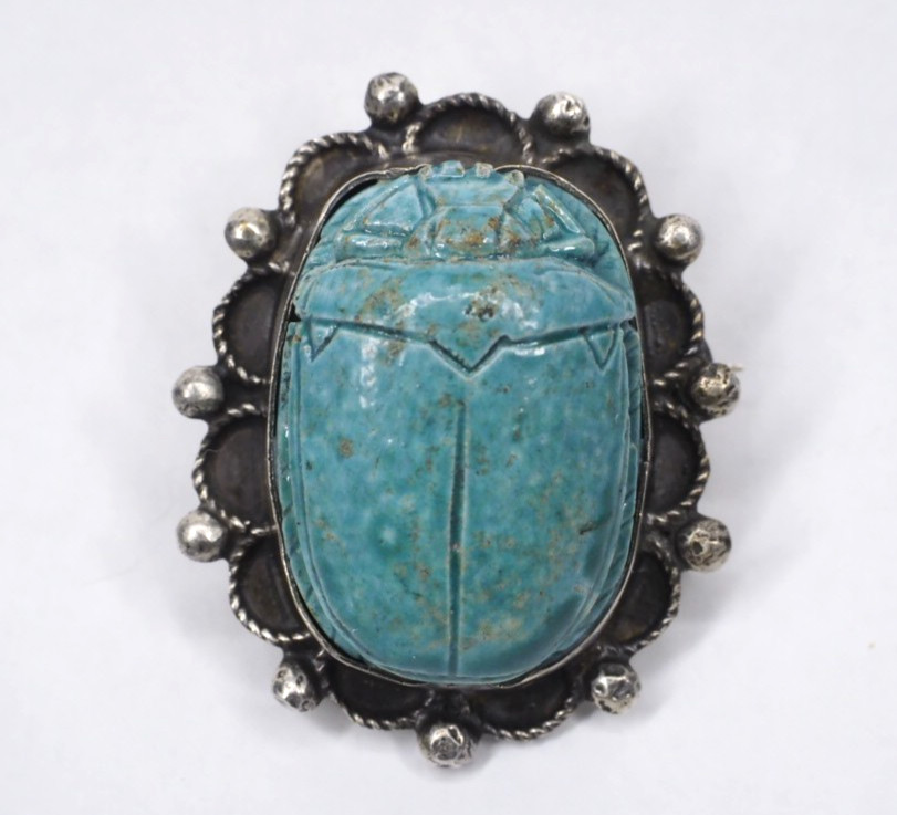 Antique brooch pin Egyptian scarab silver & ceramic jewelry signed in two places