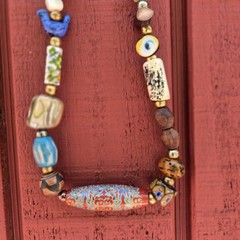 Vintage Boho Beaded Necklace Painted Glass Carved Wood Shell Metal Beads