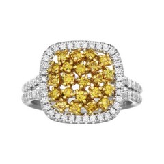 ESTATE .99CT WHITE & FANCY YELLOW DIAMOND 18KT TWO TONE GOLD CLUSTER SQUARE RING