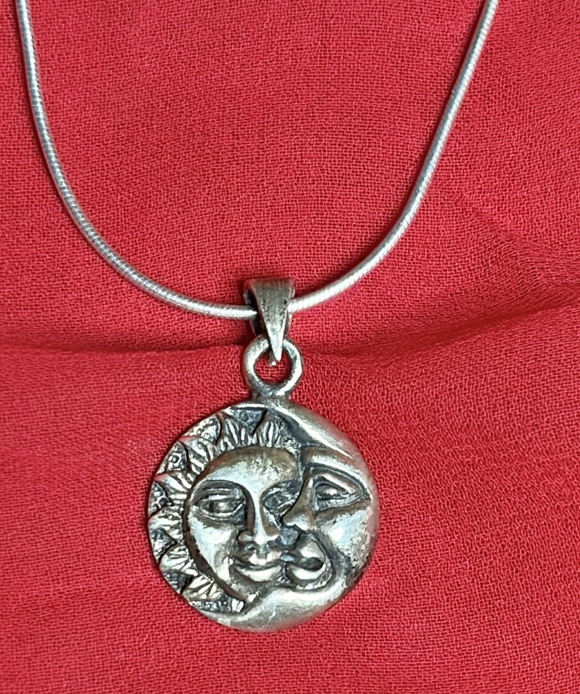 Vintage 925 Sterling Silver Celestial Sun Moon Necklace On Italian Silver Chain