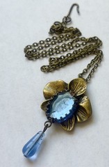 Vintage Necklace Art Nouveau Orchid Pendant Blue Rhinestone Czech Glass Drop