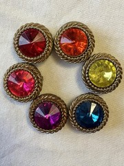 Vintage 6 Button Covers with Colored Plastic Cabochon Gold Tone