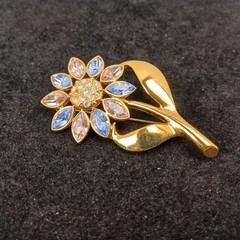 1960s Style Floral Pastel Blue & Pink Rhinestone Flower Brooch