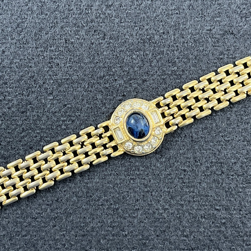 Vintage Gold Tone Watch Link Style Bracelet Center Blue Cabochon Rhinestones