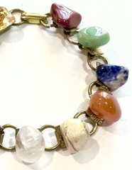 Vtg Semi Precious Stone Bracelet Gold-Tone Panel Links 7” Multicolor Natural Mix