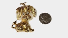 Crazy Eyes Shaggy Dog Textured Gold Tone Figural Brooch Signed