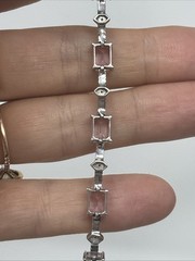 Vtg 10k Gold Pink Topaz Diamond Link Tennis Bracelet Chevron Textured Links READ