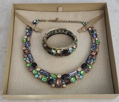 JTV Jewel Tone Rhinestone Statement Bib Necklace and Cuff Bracelet