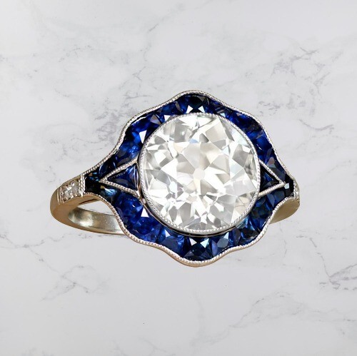 Art Deco Round Lab Created Diamond & Sapphire Wedding 14K White Gold Filled Ring