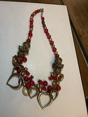 Vintage Roxsann Beaded Red Brass Flowers And Heart Pendant Necklace Chunky