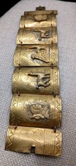 Vintage Peruvian Alpaca Bracelet Story Teller Gold Tone Brass Wide Cuff Repousse