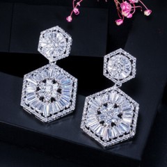 Hexagon Drop Dangle Bridal Earrings 3 Ct Simulated Diamond 14K White Gold Over