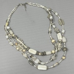 Layered Beaded Necklace Acrylic Glass White Silver Multi Strand Collar Boho 19″